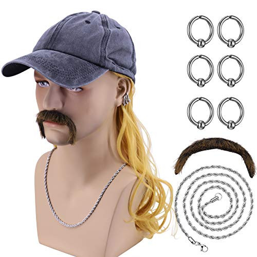 Hulaidywig Mens Mullet Costume Set - Hat with Blonde Wig with 6 Earrings and Mustache plus  Necklace