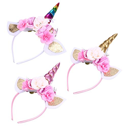Beaupretty 3pcs Halloween Unicorn Headband Ears Horn Headband Photo Props Flower Headwear for Party Decoration Cosplay Costume