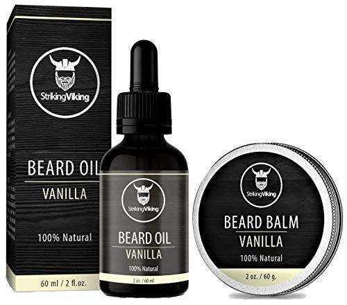 Vanilla Beard Oil and Balm Combo - Styles Strengthens  and  Softens Beards and Mustaches - 100 percent Natural Beard Conditioner with Organic Shea Butter Tea Tree Argan  and  Jojoba Oils - Striking Viking