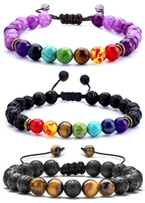 Hamoery 8mm Lava Rock Aromatherapy Essential Oil Diffuser Bracelet Braided Rope Natural Stone Yoga Beads Bracelet Set for Women Men