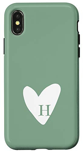 iPhone X XS Cute Hand Drawn White Heart with Personalized Letter H Green Case