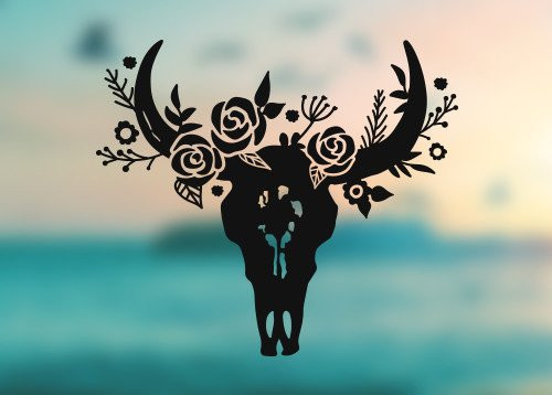 AK Wall Art Bull Head Skull Horns Flowers - Vinyl Decal Outdoor Weatherproof - Select Size