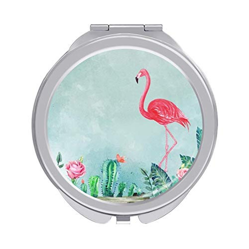 Alouply Women Girl Travel Makeup Mirror Flamingo Cactus Compact Double Sides 1X and 2X Magnification Portable Folding Mirror For Travel