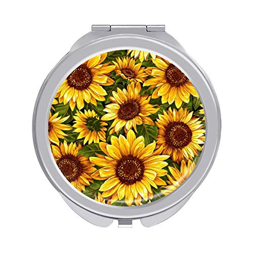Alouply Women Girl Travel Makeup Mirror Golden Sunflowers Compact Double Sides 1X and 2X Magnification Portable Folding Mirror For Handbag