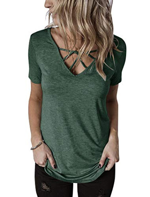 Hilltichu Womens Criss Cross Summer Tops Casual Short Sleeve Shirt V-Neck Tees Green