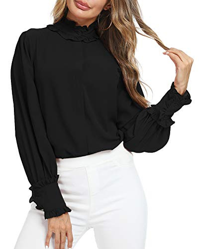 Blouse for Women Work Chiffon Button Down Long Sleeve Shirts Tops Casual Business Ruffle Mock Neck  Black S