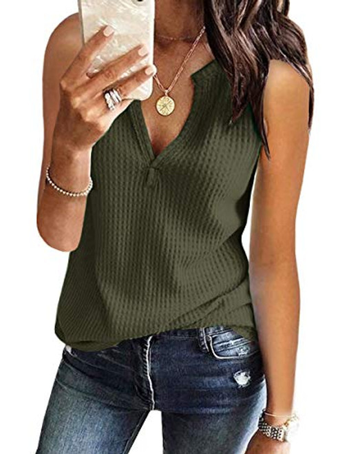 Womens Tank Tops V Neck Waffle Knit Summer Casual Sleeveless Loose Tee Shirts Large Army Green Womens Tank Tops V Neck Waffle Knit Summer Casual Sleeveless Loose Tee Shirts Large Army Green