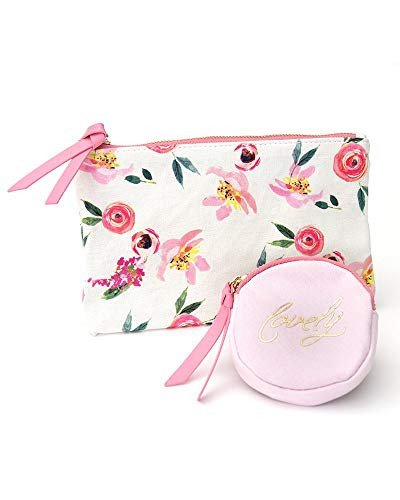 Gartner Studios Painterly Pink and Floral Canvas Pouch Set Zippered Cosmetic and Jewelry Bags 2 Pieces