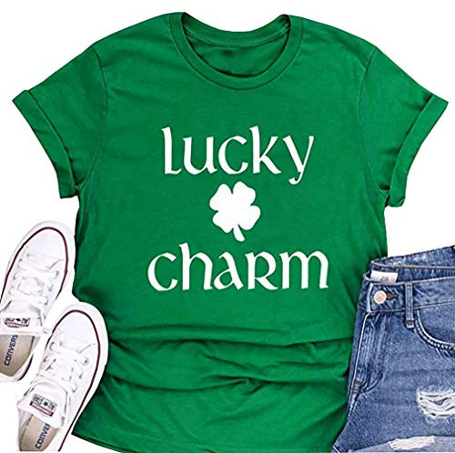 Lucky Charm St. Patricks Day T-Shirt for Women Irish Clover Graphic Tees Letter Print Short Sleeve Casual Tops Shirt  Green XL