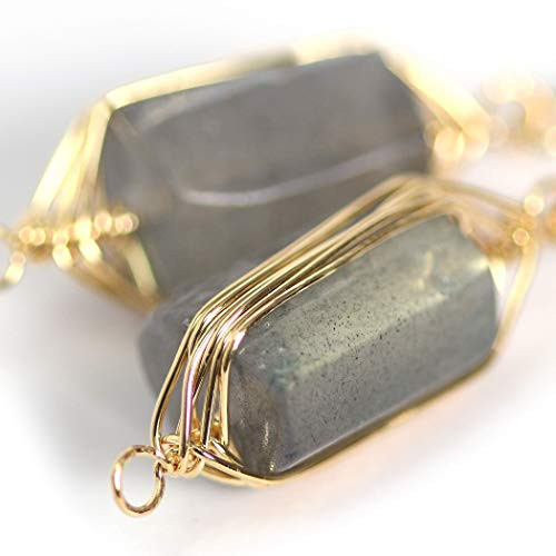 Natural Stone Wire Wrap Dangle Drop Earrings Gold Plated 925 Sterling Silver Hook Raw Labradorite Square