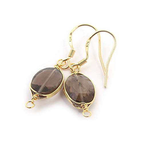 Natural Stone Wire Wrap Dangle Drop Earrings Gold Plated 925 Sterling Silver Hook Smoky Quartz Oval