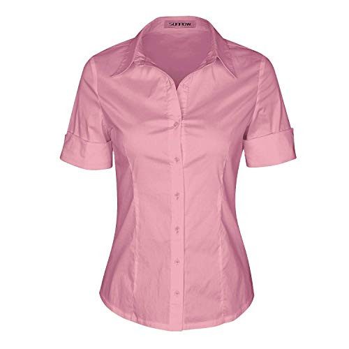 SUNNOW Womens Tailored Short Sleeve Basic Simple Button-Down Shirt with Stretch  XL Pink-B
