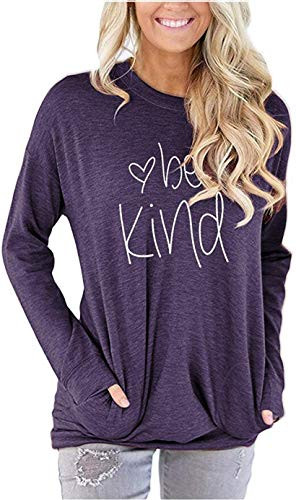 Womens Be Kind Crewneck Sweatshirt Casual Cute Long Sleeve Loose Fitting Fall Tops T Shirt with Pockets B_PurpleL