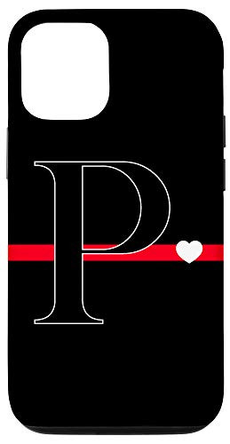 iPhone 12 12 Pro Black Red Thin Line Monogram Letter P Initial Heart Case