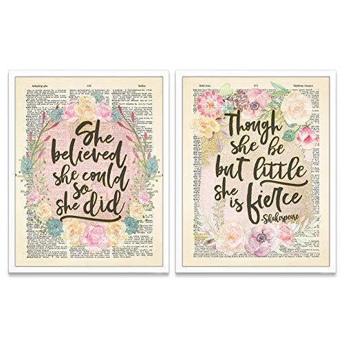 She Set - Though She Be But Little She is Fierce - She Believed She Could So She Did Art Prints Set of 2 Vintage Highlighted Dictionary Page Floral Wall Art Decor Poster Sign 8x10 Inches