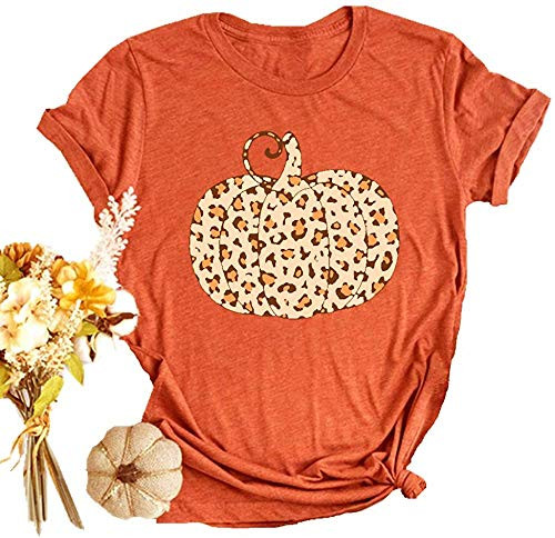 Halloween Pumpkin Shirt Women Plaid Leopard Graphic Tees Funny Cute Short Sleeve Fall Shirt Thanksgiving Gift Tops Orange