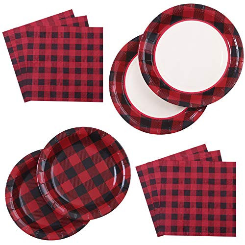 Aneco 98 Pieces Red and Black Plaid Party Supplies Party Tableware Paper Plates and Napkins for 24 Guests