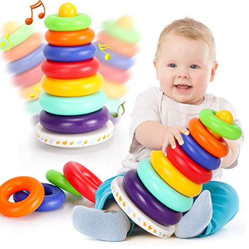Kingseye Rainbow Stacking Tower with Music Tumbler, Sounds and 7 Colorful Plastic Ring Educational Toy Baby Toddler Sensory Stacking Toys ( 6 to 12 Months )