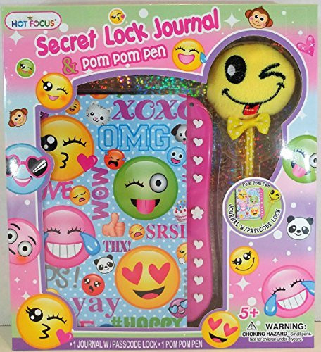 Hot Focus Emoji Secret Lock Journal and Pom Pom Emoji Pen Set