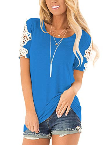 TEMOFON Womens Lace Short Sleeve Tops Summer Crew Neck Loose Casual Tunic Shirts Blue XL