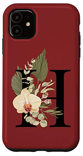iPhone 11 Cute Monogram Letter Initial H Red Floral Boho Flower Case