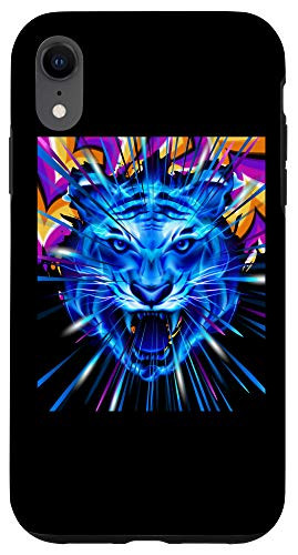 iPhone XR Roaring Tiger Face Roar Blue Psychedelic Colors Lines Feline Case
