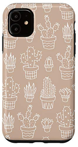 iPhone 11 Cactus Succulent Plant Pattern Botanical Line Art Beige Case