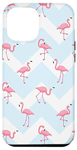 iPhone 12 Pro Max Case Flamingos in Blue White Wavy Lines Background Phone Case