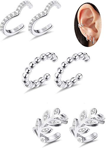 Milacolato 3Pairs Sterling Silver Ear Cuff for Women Helix Cartilage Cuff Adjustable Fashion Earrings for Women Non-pierced Clip On Cubic Zirconia Small Hoop Earrings Silver