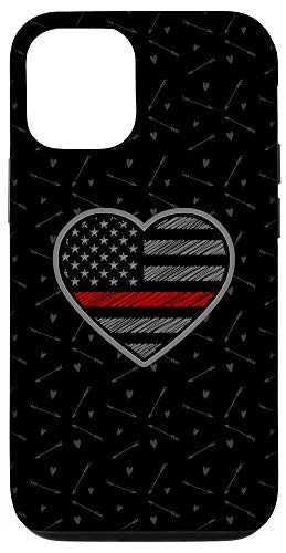 iPhone 12 12 Pro Thin Red Line American Flag Heart Pattern - Firefighter Wife Case