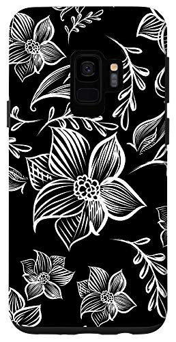 Galaxy S9 White Flower Line Drawing Floral Pattern On Black Case