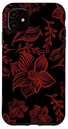 iPhone 11 Red Gothic Flower Line Drawing Floral Pattern On Black Case