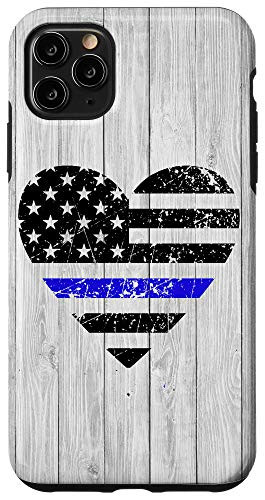 iPhone 11 Pro Max Wood Background Thin Blue Line Heart Law Enforcement Case