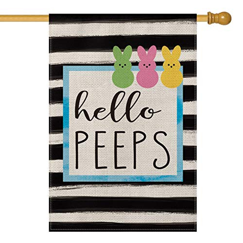 AVOIN Hello Peeps Watercolor Stripes Bunny House Flag Vertical Double Sized Spring Easter Rabbit Holiday Yard Outdoor Decoration 28 x 40 Inch