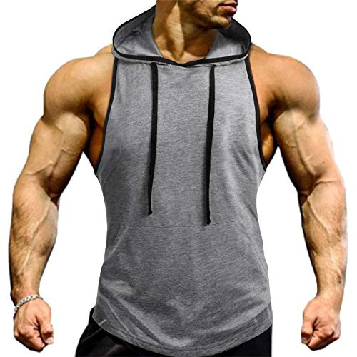 COOFANDY Mens Workout Hooded Tank Tops Sleeveless Gym Hoodie Bodybuilding Muscle Cut Off T-Shirts with Pockets  Grey Small