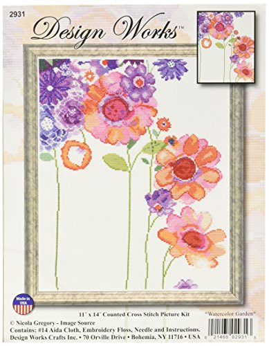 Design Works Crafts 2931 Counted Cross Stitch Kit, Watercolor Garden, 11" X 14" Counted Cross Stitch Kit, Watercolor Garden