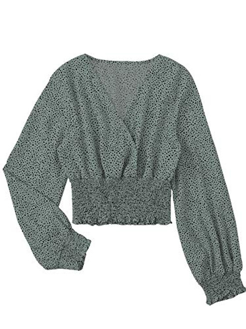 LYANER Womens V Neck Shirred Polka Dots Long Sleeve Frill Crop Blouse Shirt Tops Light Green Medium LYANER Womens V Neck Shirred Polka Dots Long Sleeve Frill Crop Blouse Shirt Tops Light Green Medium