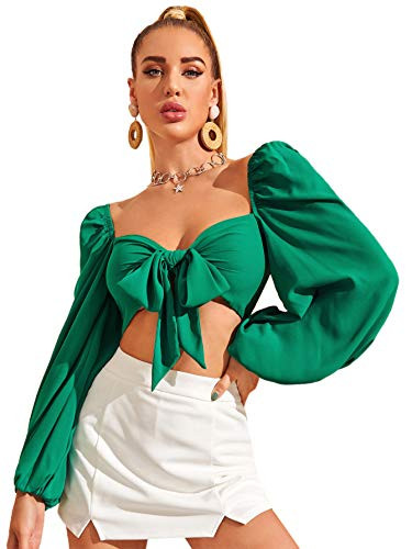 SOLY HUX Womens Tie Knot Front Bishop Long Sleeve Crop Top Blouse Green L