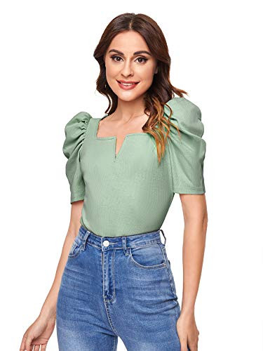 Romwe Womens Puff Short Sleeve Notched Neck Elegant Slim Fit Blouse Tops Green S