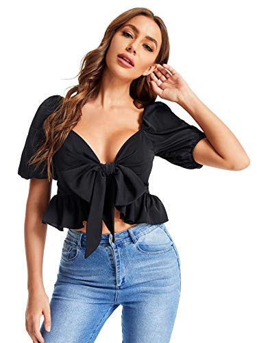 SheIn Womens Floral Ruffle Hem Blouse Short Puff Sleeve Deep V Neck Tie Front Crop Top Solid Black Medium