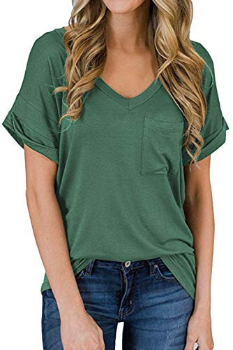 Womens V-Neck Short Sleeve Shirts Loose Casual Basic Tee T-Shirt Cute Tops Dark Green