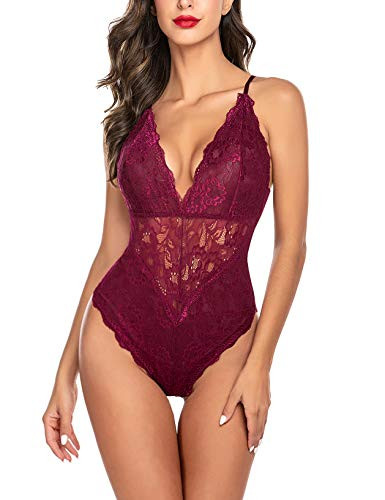 Avidlove Women Snap Crotch Bodysuit Lace Lingerie Deep V Teddy One Piece Lace Babydoll  Purple Red L