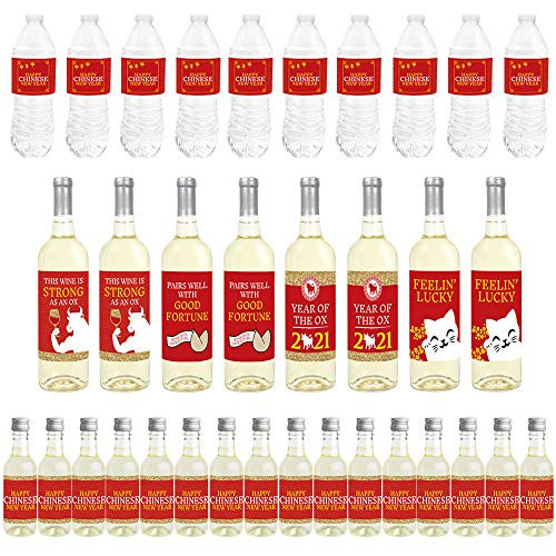 Big Dot of Happiness Chinese New Year - Mini Wine Bottle Labels Wine Bottle Labels and Water Bottle Labels - 2021 Year of the Ox Party Decorations - Beverage Bar Kit - 34 Pieces