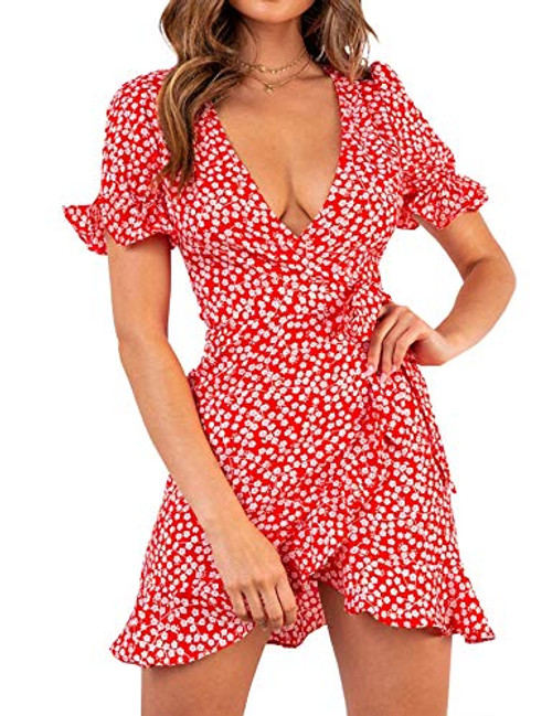 Bonkwa Womens Casual Ruffle Hem Deep V-Neck Short Dress Floral Print Wrap Front Tie Knot Mini Dress for Summer Red Bonkwa Womens Casual Ruffle Hem Deep V-Neck Short Dress Floral Print Wrap Front Tie Knot Mini Dress for Summer Red
