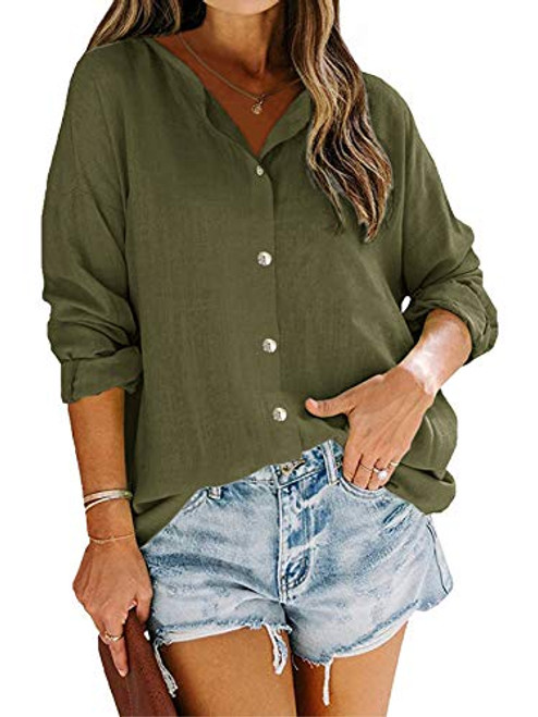 Makkrom Womens Long Sleeve Button Down Cotton Linen Shirt Blouse Loose Fit Casual V-Neck Tops Army Green