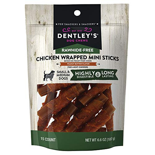 Dentleys 1 Rawhide-Free Chicken Wrapped Mini Sticks Peanut Butter Flavor Small  and  Medium Dogs 1-15 Count Sticks  6.6 oz