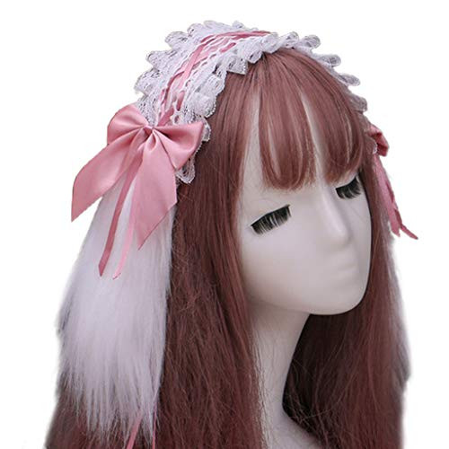 QUQUTWO Lolita Furry Rabbit Bunny Ears Headband Ruffles Lace Bowknot Cosplay Headdress Pink QUQUTWO Lolita Furry Rabbit Bunny Ears Headband Ruffles Lace Bowknot Cosplay Headdress Pink