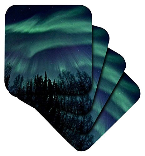 3dRose Northern Lights In Shade of Green Amongst a Dark Blue Night Sky - Ceramic Tile Coasters, Set of 4 (cst_61680_3)