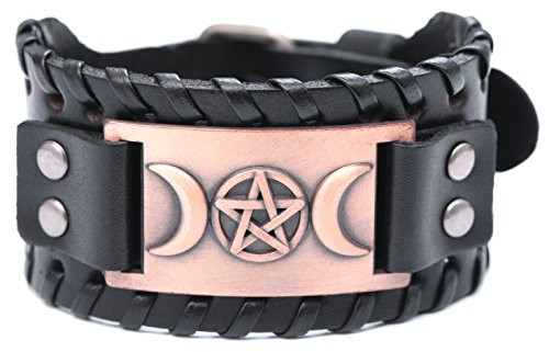 EUEAVAN Triple Moon Goddess Pentagram Neopaganism Braided Wide Leather Wristband Bracelet  Antique CopperBlack