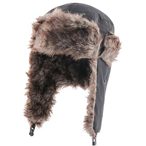 Gahrchian Mens Faux Fur Lined Trapper Bomber Hat with Ear Flap Waterproof Cap Cold Ski Windproof Ear Cap Black